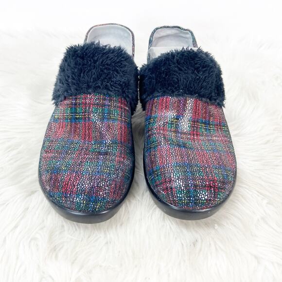 Alegria 40 EU 10 US Womens Black Isabelle Tartan Plaid Leather Fur Mules Clog - Picture 7 of 14